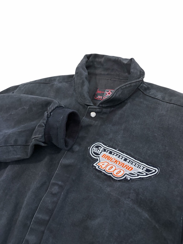 Vtg Jh Design Brickyard 400 10th Anniversary Jacket Mens Large Black Denim Y2k